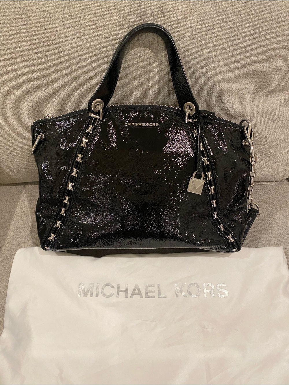 Michael Kors Black Patent Leather Chain-Trim Shoulder Bag